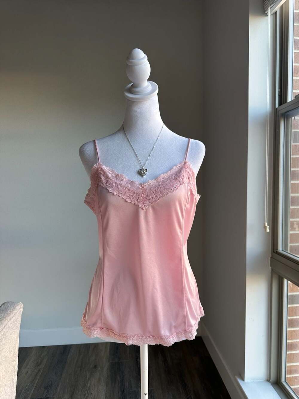 Vintage Worthington Pink Satin Lace Trim Camisole Cami Top Size L
